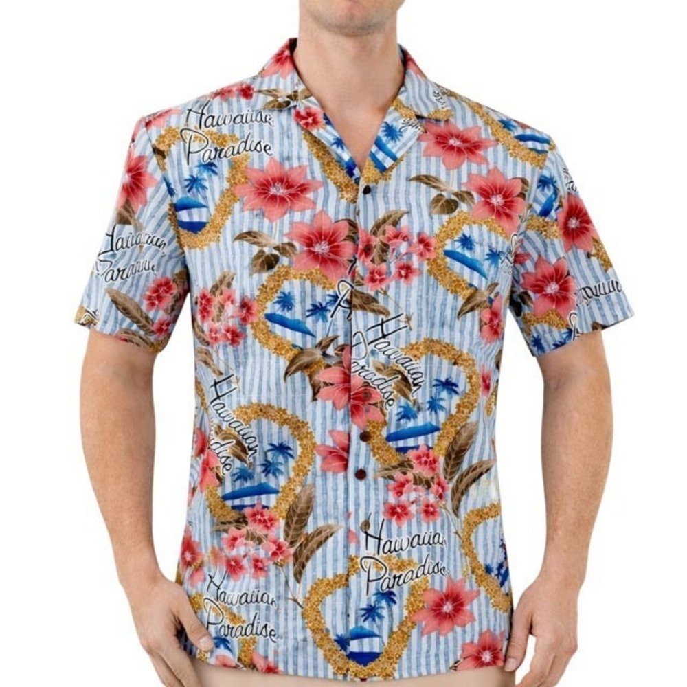 Royal Creations Hawaiian Aloha Shirt Large Paradise Bamboo Stripes Leis